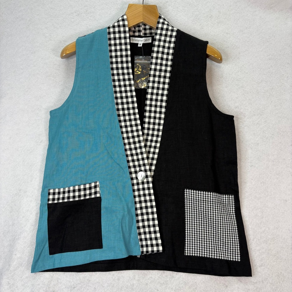 Christopher Calvin Linen Colorblock Gingham Vest Black Teal S/M-L/XL Lagenlook *